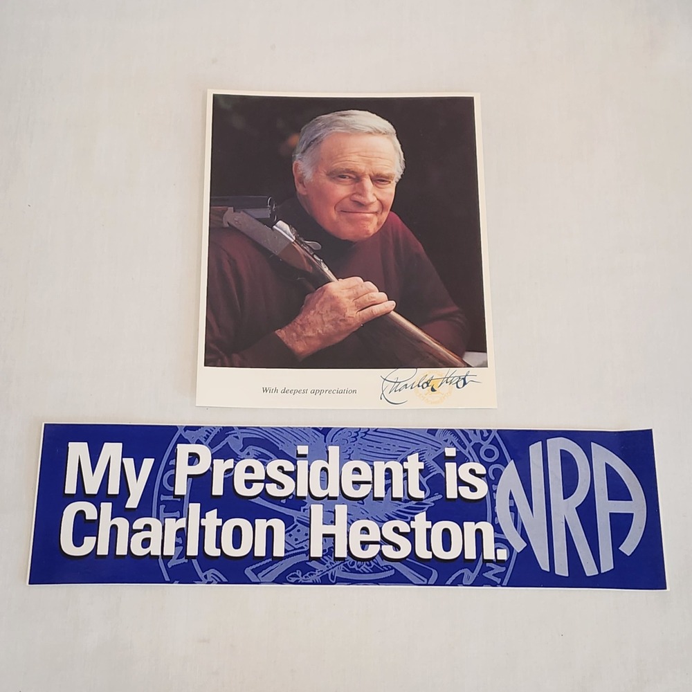 Charlton Heston NRA Photo and My President is Charlton Heston Bumper Sticker Set